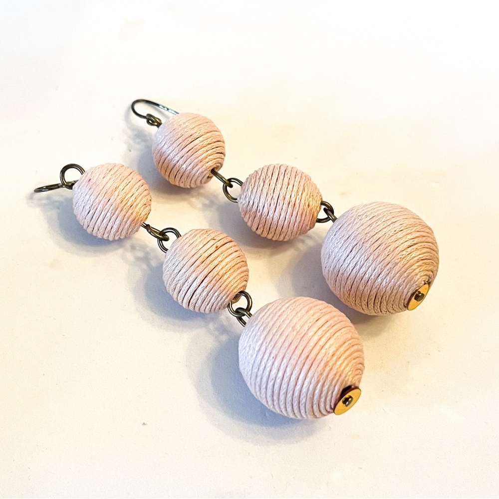 Woven ball lightweight baby pink 3 ball drop earrings